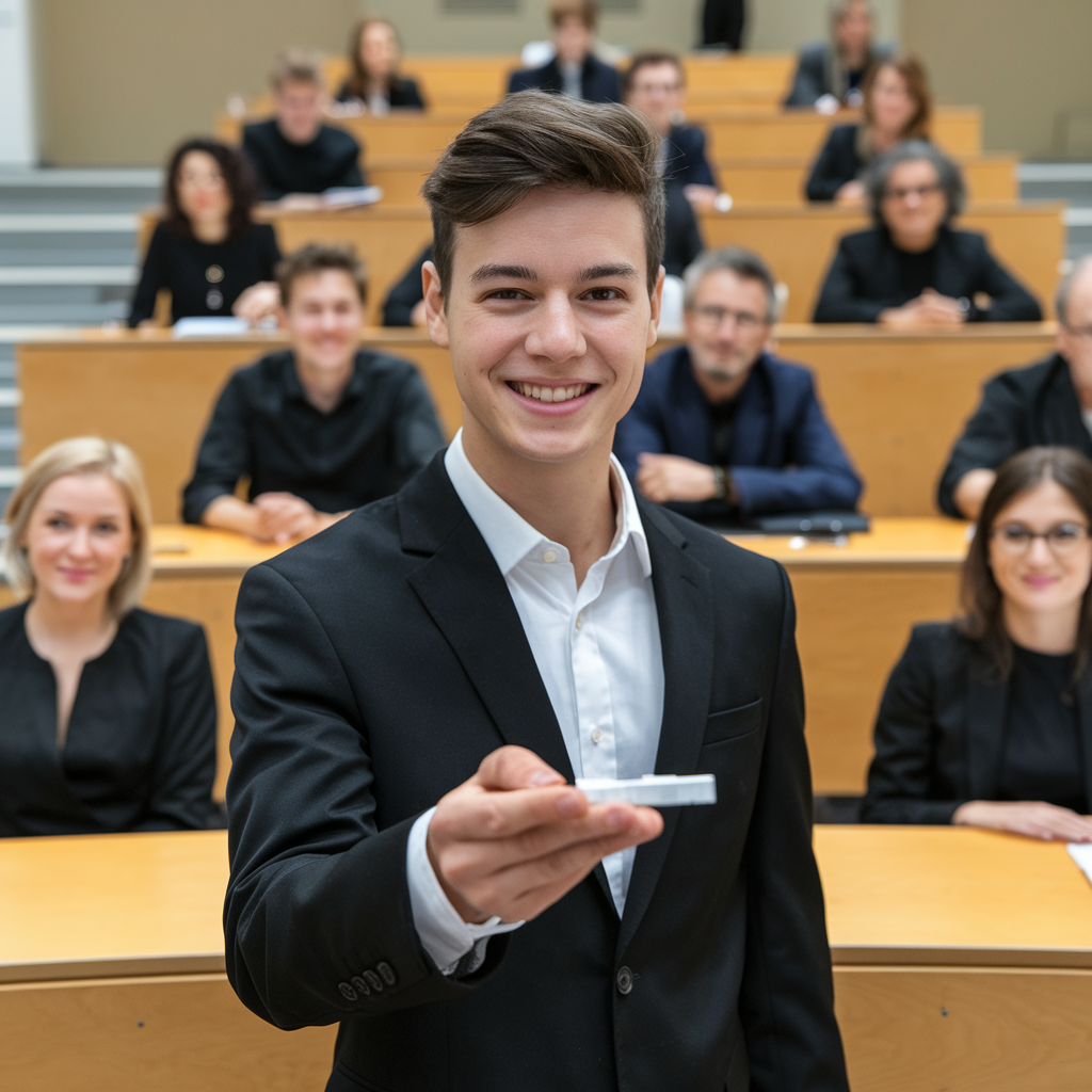 Étudiant souriant et confiant devant un jury lors d'une soutenance de mémoire