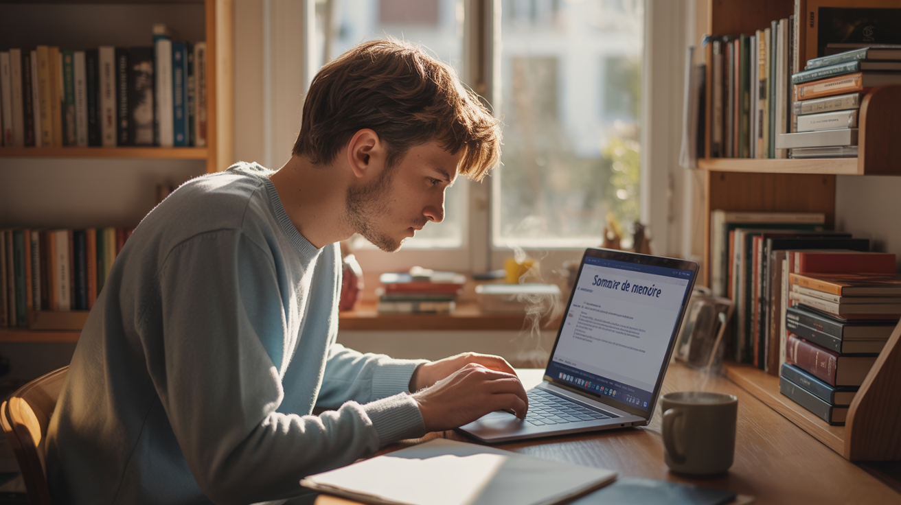 Un étudiant en train de rédiger son sommaire de mémoire